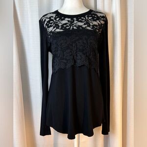 KAREN KANE Made in USA Black Rose Lace Inset Overlay Long Sleeve Top Goth w13